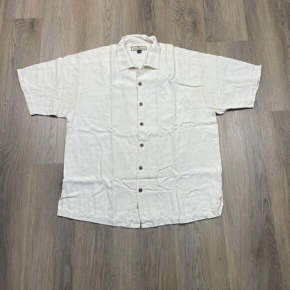 Tommy Bahama Shirt Mens Large Silk Casting Agent Embroidered Camera Fishing - Picture 1 of 15